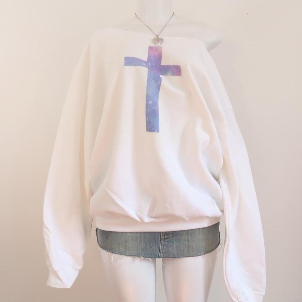 y2k galaxy cross graphic off shoulder sweatshirt indie sleaze